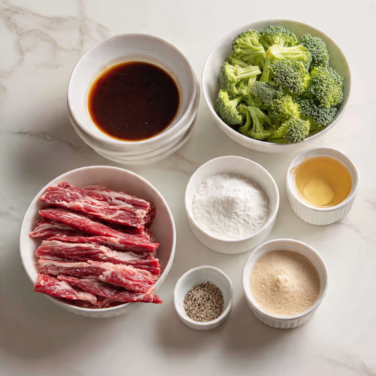 The image shows seven white bowls on a white marbled surface, each containing different ingredients. The largest bowl at the bottom holds many thin strips of raw red beef with visible marbling. To the right is a bowl full of fresh green broccoli florets. Above that is a small white bowl filled with a dark brown liquid. Next to it is a small white bowl with a golden liquid, likely honey or syrup. Another bowl contains a white powdery substance, probably cornstarch, and beside it, a small white bowl holds a mix of white and black pepper. The final bowl contains light brown soft sugar. photo taken with an iphone --ar 4:5 --v 7