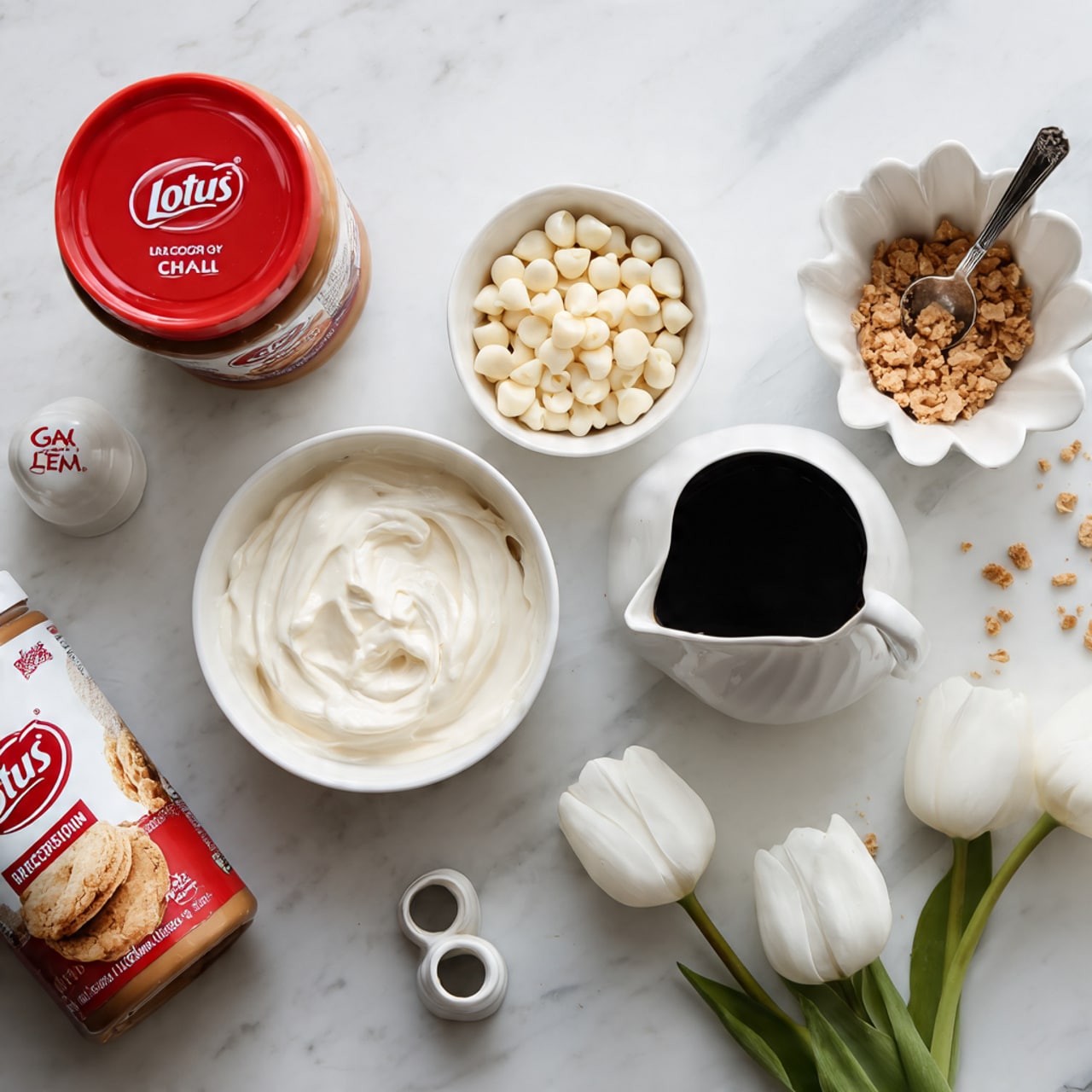The image shows ingredients for a dessert on a white marbled surface. There is a jar of Lotus Biscoff cookie spread with a red lid on the left, next to a can of Gay Lea real whipped cream with a red cap. In the middle, there are two white bowls: one filled with small white chocolate chips and another with small brown bits, likely toffee or cookie crumbs. To the right, there is a small white pitcher with cream and a white, shell-shaped bowl with a black liquid and a spoon inside. At the bottom, a package of Lotus Biscoff cookies is partially visible. Two small white ceramic white tulip-shaped decorations or rings are placed near the bottom right. The setting has a clean, simple look. photo taken with an iphone --ar 4:5 --v 7