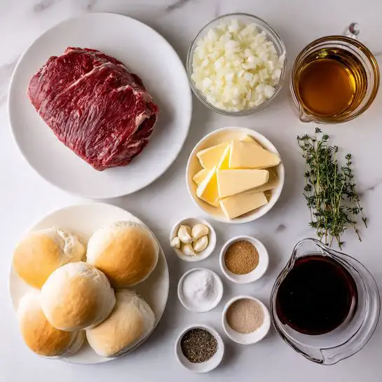 The image shows ingredients neatly placed on a white marbled surface. In the center top is a large piece of raw red meat on a white plate. To the right, there is a small white bowl with two pats of butter and a sprig of fresh thyme next to it. Below the meat, there is a white bowl filled with chopped white onions. At the bottom left, a white plate holds five soft white rolls stacked on each other. Above the rolls, there is a small white plate with several round slices of pale yellow cheese. To the left of the cheese, there are four small white bowls holding sliced garlic, a mix of black pepper, salt, garlic powder, and onion powder, a small amount of brown sugar, and a dark liquid, likely soy sauce. Near the top left corner, a clear glass measuring cup contains brown broth, and at the bottom right, another clear measuring cup filled with dark broth or liquid completes the scene. photo taken with an iphone --ar 4:5 --v 7