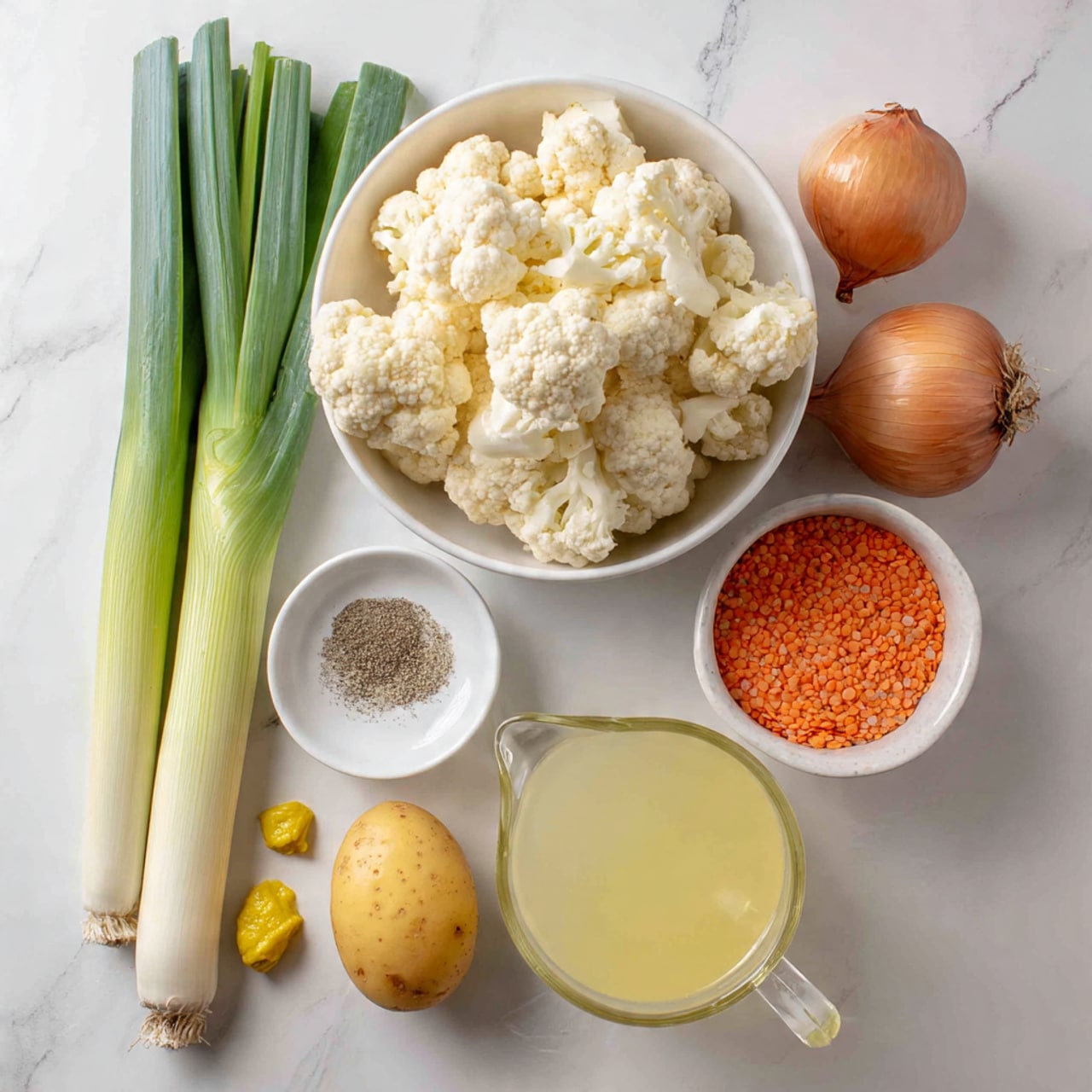 The image shows a white bowl full of cauliflower pieces on the top left, next to two fresh green leeks lying on a white marbled surface. Below the cauliflower bowl, there is a small white bowl with black pepper and another small white bowl filled with bright red lentils. Near the bottom, there are two yellow potatoes and one garlic bulb. On the left side, a small dollop of yellow mustard sits directly on the marbled surface. On the bottom right, a clear glass jug of light yellow liquid is placed, all arranged neatly on the white marbled background. Photo taken with an iphone --ar 4:5 --v 7