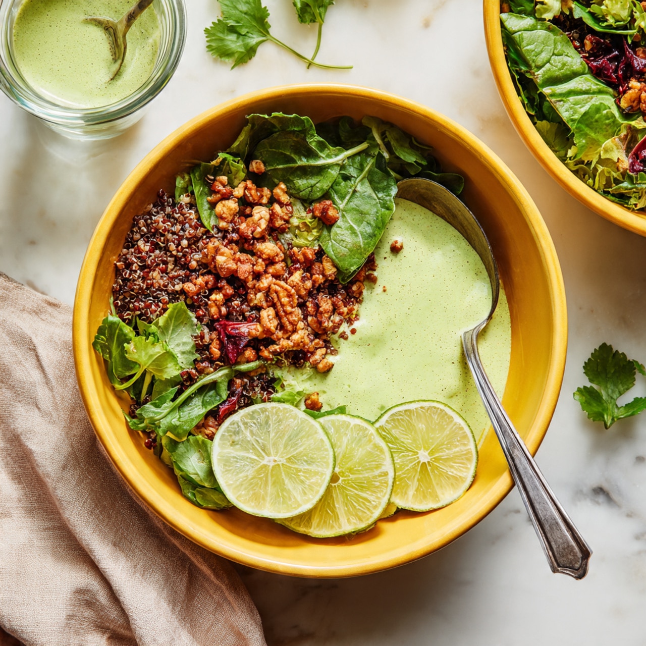 The image shows a yellow bowl filled with a colorful salad made of green leafy vegetables, dark red and light brown grains, and nuts, all mixed with a creamy green sauce. On the right side inside the bowl, there are four thin slices of lime neatly placed. A silver spoon is placed inside the bowl on the right side, slightly resting on the rim. In the blurred background, there is another yellow bowl with a similar salad and a clear glass bowl of the green sauce. The bowls and ingredients are placed on a white marbled surface with scattered fresh green leaves. A woman's hand holds the edge of the bowl from the bottom left corner, resting on a soft beige cloth. Photo taken with an iphone --ar 4:5 --v 7