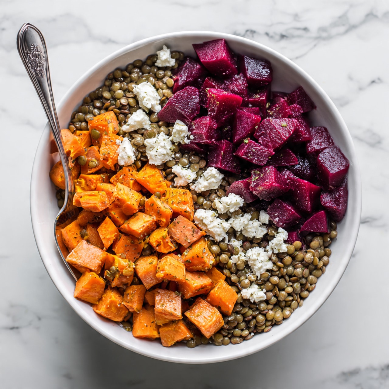 In a shallow beige bowl, there are two main layers: on the left side, cooked lentils with a light brown color and a smooth texture forming a solid base, and on the right side, a mix of roasted vegetables including chunky orange sweet potato pieces, thick slices of zucchini with dark green skins and light green centers, and light brown grilled onions. The vegetables are sprinkled with white sesame seeds and small green herb leaves. A white sauce bowl with dark sauce and a silver spoon is in the background, all set on a white marbled surface with tiny green herb sprigs nearby. photo taken with an iphone --ar 4:5 --v 7