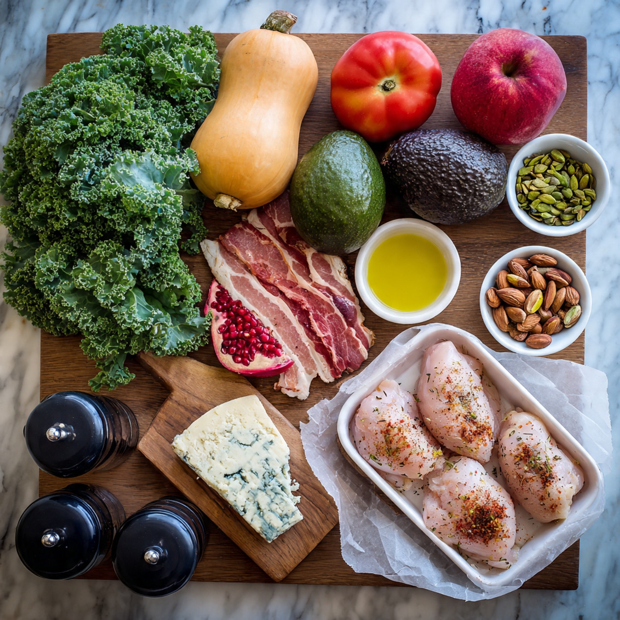 The image shows a wooden table with various fresh ingredients neatly arranged. There is a pile of curly green kale leaves on the top left, next to a butternut squash and a red apple below it. To the right side are two big green and red tomatoes, a dark avocado, and a whole beet in a small glass bowl. Nearby are two pieces of raw chicken seasoned with pepper, placed on parchment paper in a white tray at the bottom right. Above the chicken is a long strip of raw bacon. Several small white bowls hold different condiments and spices including olive oil, honey, mustard, herbs, red pomegranate seeds, and pistachios. A wedge of blue cheese sits on a wooden board in the lower middle. Two black salt and pepper grinders are at the bottom left. The background is a white marbled surface. Photo taken with an iphone --ar 4:5 --v 7