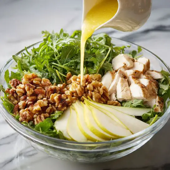 A clear glass bowl holds a fresh salad arranged in four distinct sections. On one side, there is a pile of bright green arugula leaves with a leafy texture. Next to the arugula, golden-brown chopped walnuts form a small mound with a rough texture. Adjacent to the nuts, slices of light yellow-green pear are neatly fanned out, showing a smooth and slightly shiny surface. The final section contains several pieces of cooked chicken, pale beige with a slightly browned crust and a firm texture. A woman's hand is pouring a vibrant yellow dressing from a small white pitcher over the salad. The bowl is placed on a white marbled surface. photo taken with an iphone --ar 4:5 --v 7