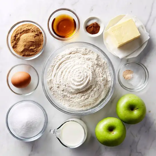 A collection of baking ingredients arranged on a white marbled surface, including a large clear glass bowl filled with white flour placed in the center with a smooth swirl pattern on top. Surrounding it are smaller clear bowls containing light brown brown sugar, white sugar, salt, cinnamon powder, amber-colored vanilla extract, a single brown egg, and a glass measuring cup with water. A small stick of butter wrapped in paper is placed near the top. Two shiny green apples rest together at the bottom right, and a small glass of milk is next to the brown sugar bowl. photo taken with an iphone --ar 4:5 --v 7
