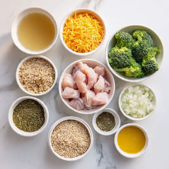 A top-down view of nine small white bowls arranged on a white marbled surface, each filled with different ingredients. In the center, a bowl holds raw pale pink chicken pieces. Above it to the right, there is a bowl of fresh green broccoli florets. To the left of the broccoli, a bowl is filled with bright orange shredded cheddar cheese. Above the chicken to the left, a bowl contains clear light golden broth. Below the chicken to the left, a bowl holds uncooked brown rice grains. Below the chicken to the right, chopped white onions fill a bowl. Surrounding these larger bowls are four smaller bowls with spices or seasonings: one has green dried herbs, another contains black pepper, a third holds light beige powder, and the last has white salt. At the bottom right, a bowl contains smooth yellow mustard. photo taken with an iphone --ar 4:5 --v 7