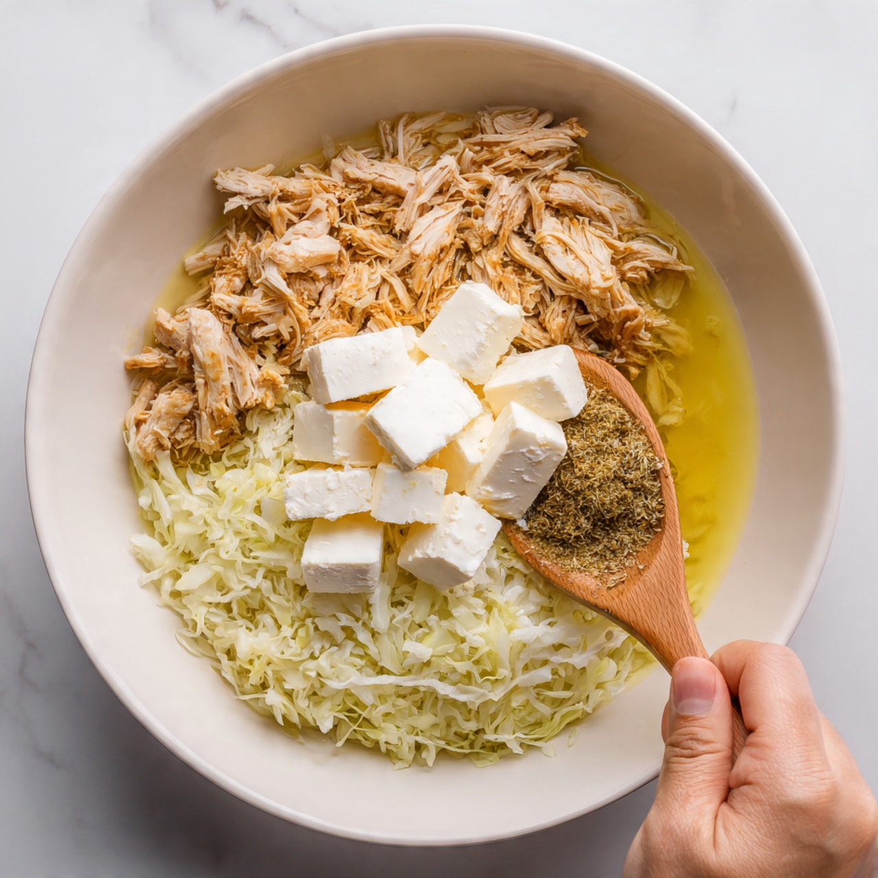 A white bowl sits on a white marbled surface. Inside the bowl, there are four layers visible. The bottom layer is shredded light green cabbage spread evenly. On top, there is a layer of thick white cubes of cream cheese placed in the center, slightly melting with some yellow oil around them. The next layer shows finely shredded brown cooked chicken mixed with some seasoning. The final layer is a yellow liquid broth poured over the chicken, with a wooden spoon scooping the mixture from the right side of the bowl. A woman's hand is holding the spoon. Photo taken with an iphone --ar 4:5 --v 7