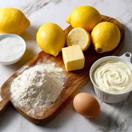 The image shows a wooden board placed on a white marbled surface. On the board, there are three whole yellow lemons and one lemon cut in half, showing its bright inner flesh. Next to the lemons, a small cube of butter sits in the center. Nearby, a small white bowl is filled with granulated white sugar, and beside it, a white bowl contains thick white cream or yogurt. In front of the board, on the white marbled surface, two light brown eggs rest close together. A metal measuring cup filled with white flour sits nearby, completing the layout of ingredients. photo taken with an iphone --ar 4:5 --v 7
