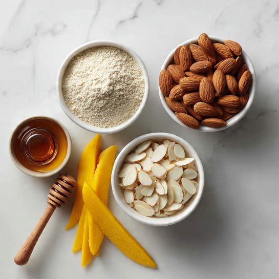 The image shows four white bowls on a white marbled surface. The top right bowl is filled with whole brown almonds, the bottom right bowl holds white sliced almonds, the top left bowl contains light beige powdered almond flour, and to the left center are several bright yellow strips of dried mango arranged loosely. At the bottom left, a wooden honey dipper rests in a small dark amber container of honey. The colors of the ingredients contrast softly against the clean white bowls and white marbled background. Photo taken with an iphone --ar 4:5 --v 7