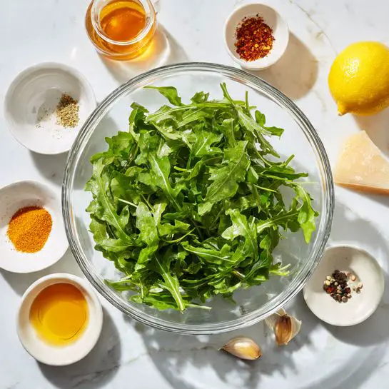 The image shows a clear glass bowl filled with fresh green arugula leaves placed on a white marbled surface. Around the bowl are six small white dishes holding various ingredients: one contains golden honey, another has a bright orange mustard, a third dish holds crushed red pepper flakes, and a fourth contains black pepper. Also on the surface are a whole yellow lemon, a piece of light beige parmesan cheese wedge, and a single peeled garlic clove. The arrangement is neat and simple, with soft natural lighting casting gentle shadows on the scene, photo taken with an iphone --ar 4:5 --v 7