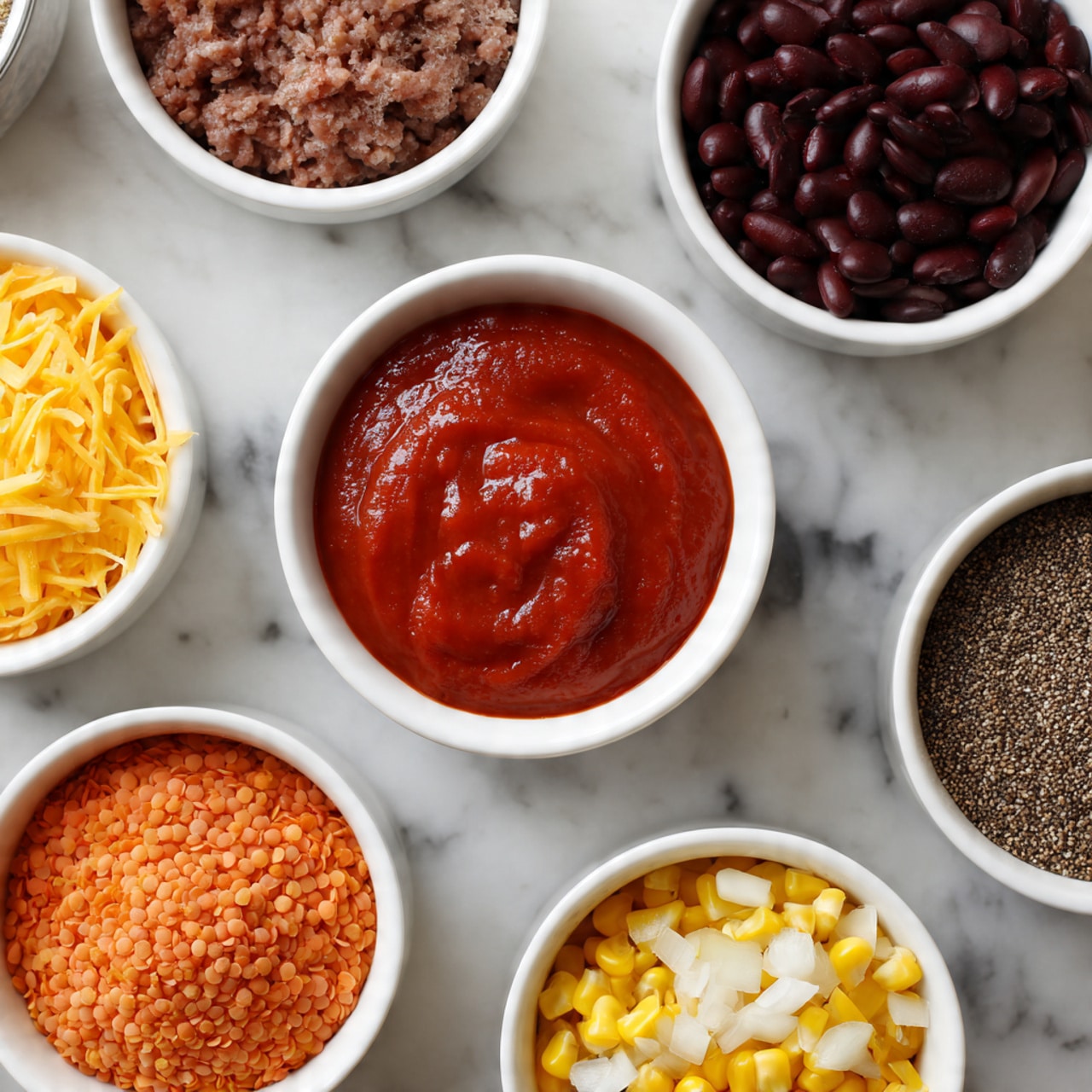 The image shows nine small white bowls arranged on a white marbled surface. In the center, there is a bowl with bright red tomato sauce that looks smooth. Surrounding it are bowls with different ingredients: dark red kidney beans, black beans, grated bright orange cheddar cheese, yellow corn kernels, finely chopped white onions, cooked ground brown meat, reddish-brown lentils, and a mix of light and dark ground spices. The bowls are placed close together, showing a variety of colors and textures, from soft and creamy to coarse and grainy. photo taken with an iphone --ar 4:5 --v 7