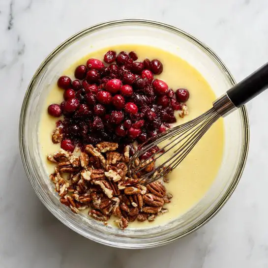 A clear glass bowl sits on a white marbled surface, filled with a pale yellow batter base. On top of the batter, there are two distinct layers of toppings: a cluster of bright red and dark red cranberries on one side, and a pile of chopped brown nuts, likely pecans, on the other side. A metal whisk with a black handle rests inside the bowl, partially touching the cranberries and nuts. The scene captures a simple, fresh mixing moment with vibrant colors against the soft batter background. photo taken with an iphone --ar 4:5 --v 7