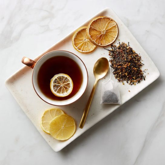 A white rectangular plate with a copper cup filled with dark tea, a round dried lemon slice floating on top, placed on the left side; three dried lemon slices arranged above the cup; a loose pile of dried tea leaves at the center right; a used white tea bag near the tea leaves; another dried lemon slice near the bottom right; and a small, gold spoon resting on the right side of the plate, all set on a white marbled surface photo taken with an iphone --ar 4:5 --v 7