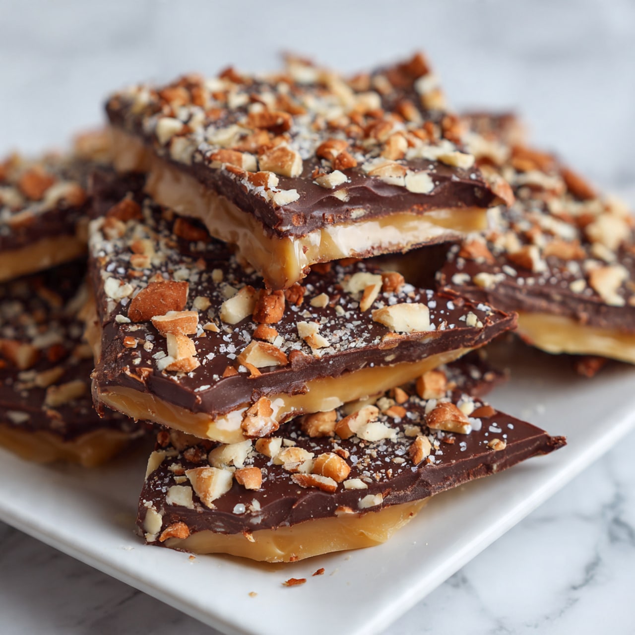 The image shows a close-up of several pieces of chocolate toffee bark stacked on a white rectangular plate, placed on a white marbled surface. Each piece has three visible layers: a thick, light golden toffee base at the bottom with a smooth, shiny texture; a middle layer of dark brown, glossy melted chocolate covering the toffee; and the top layer sprinkled generously with chopped almonds, giving a rough and crunchy look with their uneven, tan and light brown pieces scattered over the chocolate. Some pieces overlap slightly, showing the different thicknesses and texture contrasts. Photo taken with an iphone --ar 4:5 --v 7