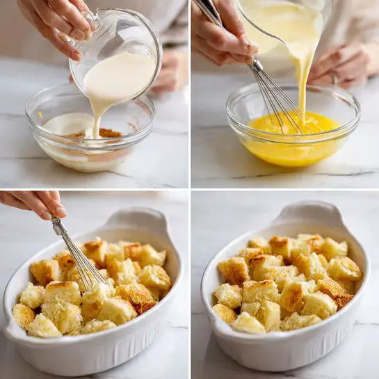A collage of four images showing the steps to prepare a dish in a white marbled setting. In the first image, a woman's hand pours milk from a clear glass measuring cup into a small saucepan already containing cinnamon and other ingredients. In the second image, the woman's hand adds beaten egg from a small glass bowl into the saucepan while whisking its contents. The third image shows the woman pouring the cooked mixture from the saucepan over a white oval baking dish filled with golden brown bread chunks. The fourth image is a close-up of the white oval dish filled with bread cubes soaked in the liquid mixture, ready for baking, all placed on a white marbled surface. Photo taken with an iphone --ar 4:5 --v 7