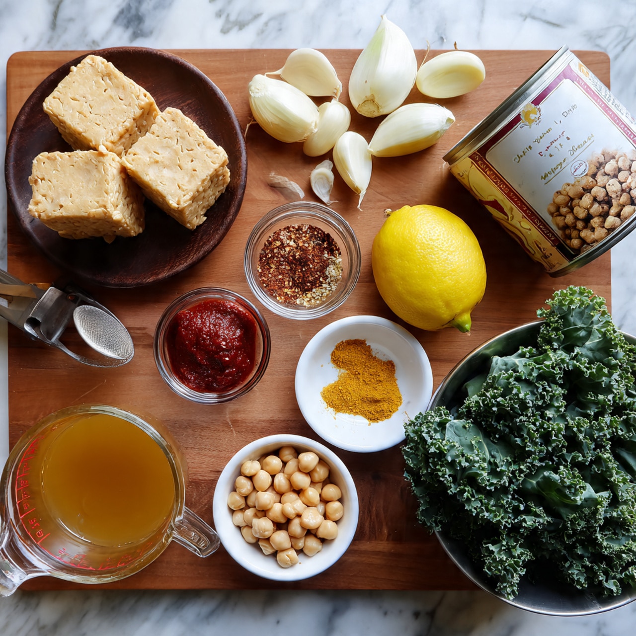 A wooden tray holds an assortment of ingredients arranged neatly. At the top left, there are two pieces of light beige tempeh stacked on a dark brown wooden coaster. To the right of the tempeh is a bright yellow lemon, and next to that, a white can of garbanzo beans with a picture of chickpeas on the label. Below the lemon, three peeled garlic cloves are placed on the tray. A metallic bowl filled with fresh, dark green curly kale leaves sits to the right side. In the bottom left corner, a clear glass measuring cup is filled with a golden-brown liquid, likely broth. Next to it, a small clear bowl contains a thick red paste, and above that, a metal measuring cup holds reddish-brown dried chili flakes. Below these, a small round white dish contains a mixture of three spices: red chili powder, dried oregano, and red pepper flakes. To the right, a white bowl holds yellow nutritional yeast flakes. A glass bowl filled with whole cashew nuts and a white onion sliced in half are placed nearby. All this is set on a wooden tray on a white marbled surface. Photo taken with an iphone --ar 4:5 --v 7