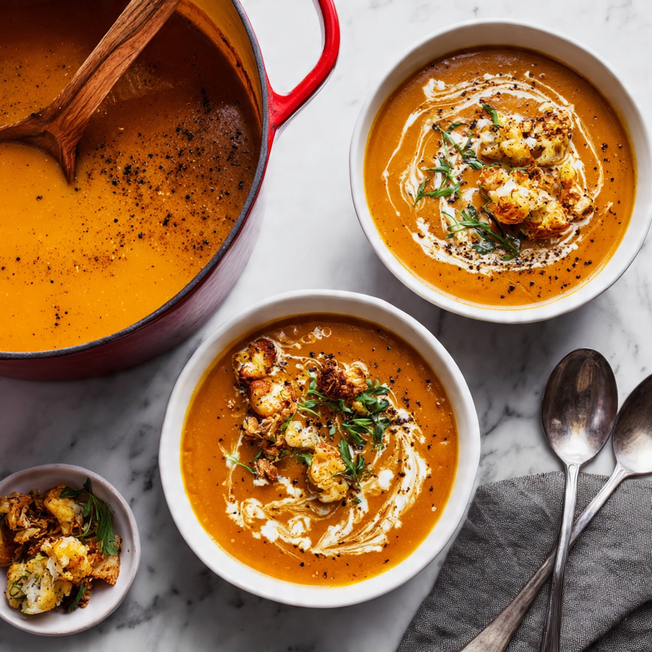 The image shows a round black skillet filled with thick slices of bread topped with melted light golden cheese that covers the surface unevenly. The cheese has some brown crispy spots, giving a toasted look, and there are small green herb bits sprinkled on top for color. The bread slices are slightly overlapped inside the skillet, resting on a sauce or liquid base that is barely visible. The skillet sits on a white marbled surface with a white plate and a gold spoon placed nearby. A woman's hand is seen reaching toward the skillet. Photo taken with an iphone --ar 4:5 --v 7