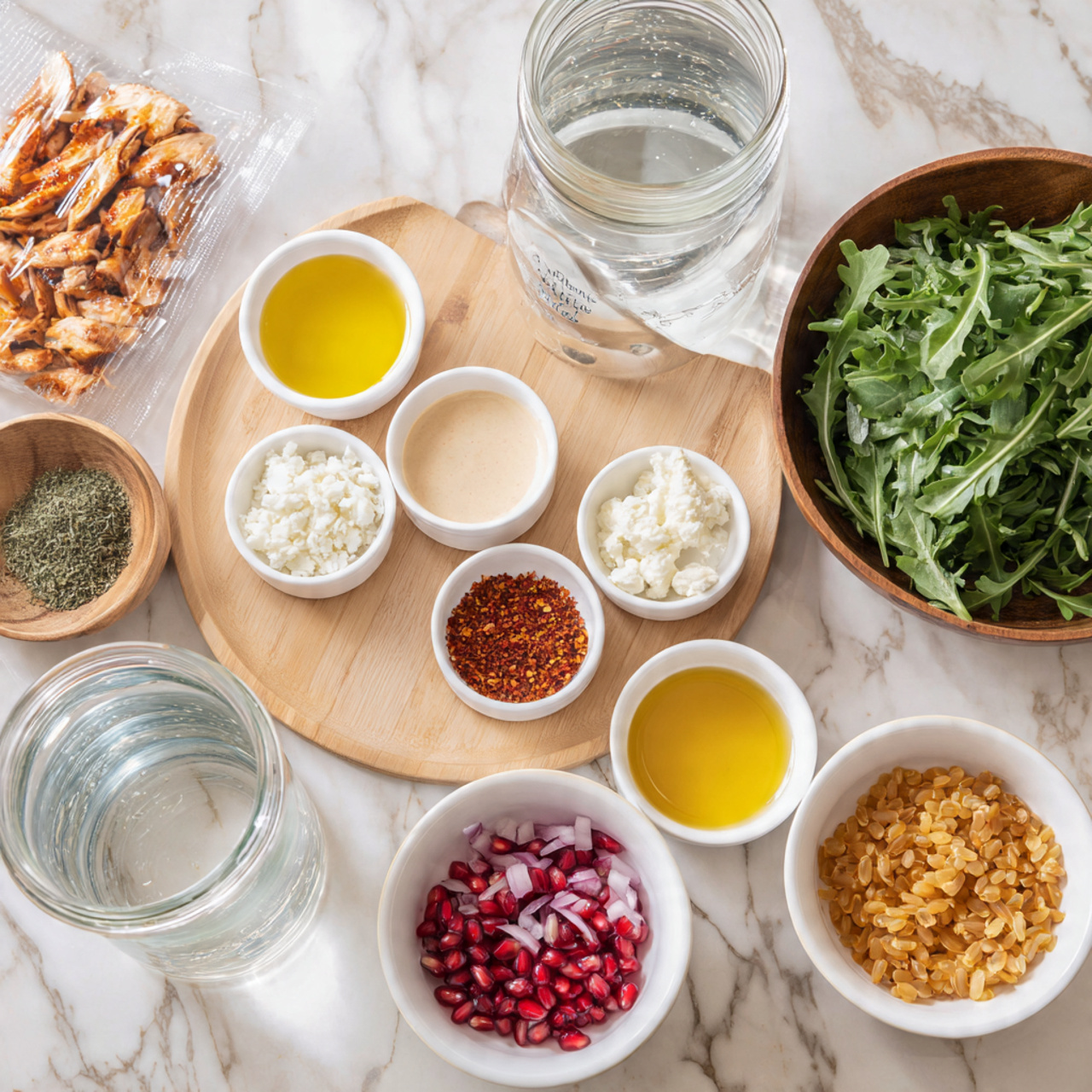 Grilled Chicken Winter Salad with Cranberry Vinaigrette Recipe 4 The image shows various ingredients for a dish arranged neatly on a white marbled surface. In the center, there is a wooden board holding small white bowls filled with yellow olive oil, beige tahini sauce, crumbly white cheese, chopped garlic, finely chopped parsley, salt and pepper, and a small wooden bowl of reddish chili flakes and honey. Around the board, there is a large wooden bowl filled with fresh green arugula leaves on the right, an open packet of grilled chicken strips on the left, and white bowls containing red pomegranate seeds, sliced red onions, and cooked yellow grains like barley or wheat. A clear glass jar with water is also placed next to the grains. The setup looks clean and organized for preparing a fresh salad or bowl meal. Photo taken with an iphone --ar 4:5 --v 7