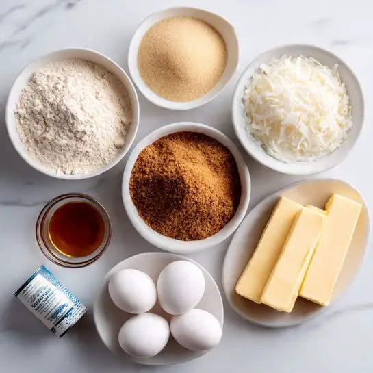 The image shows several ingredients placed on a white marbled surface. There are three white bowls arranged horizontally at the top: the left bowl holds light beige flour, the middle bowl contains white shredded coconut, and the right bowl is filled with brown sugar. Below these bowls, there is a small white bowl with a clear liquid, and next to it are three white eggs placed side by side. To the left of the eggs is a small glass bowl with brown liquid, and on the far left is a can of sweetened condensed milk with a blue and white label. On the far right, two sticks of butter wrapped in pale yellow paper lie side by side. photo taken with an iphone --ar 4:5 --v 7