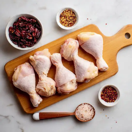 The image shows five raw chicken drumsticks arranged in a row on a light brown wooden board with a handle at the top. Above the board, there is a small white bowl filled with dark reddish dried chili peppers. Around the board, three small white bowls hold different spices: one with white granules, one with red chili flakes, and one with ground black pepper. To the right, a wooden spoon with a white handle carries dark red chili powder. All items are placed on a white marbled surface. photo taken with an iphone --ar 4:5 --v 7