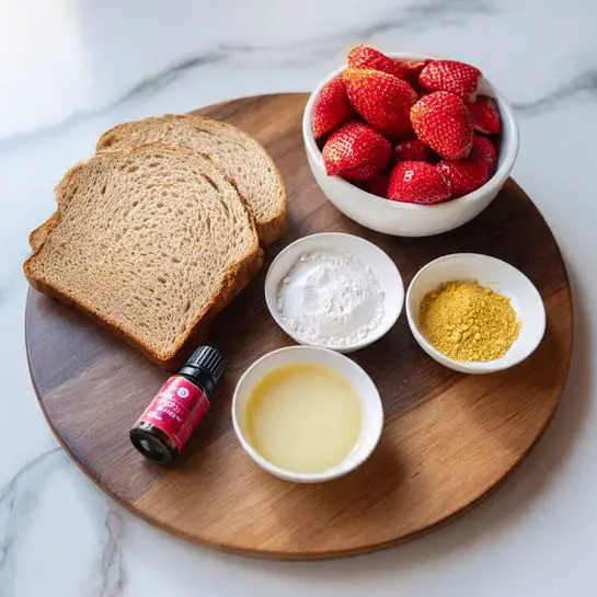 A round wooden board holds three slices of light brown bread stacked slightly overlapping on the left side. To the right of the bread are three small white bowls arranged in a triangular shape. The top right bowl contains a white powder with a smooth texture. The bottom right bowl has a small amount of yellow powder along with white granules. The bottom left bowl is filled with pale yellow liquid with a smooth surface. Between the bottom two bowls lies a small dark bottle with a red cap and a red and pink label. In the top right corner of the image, there is a white bowl filled with bright red strawberries. The board is placed on a white marbled surface. photo taken with an iphone --ar 4:5 --v 7