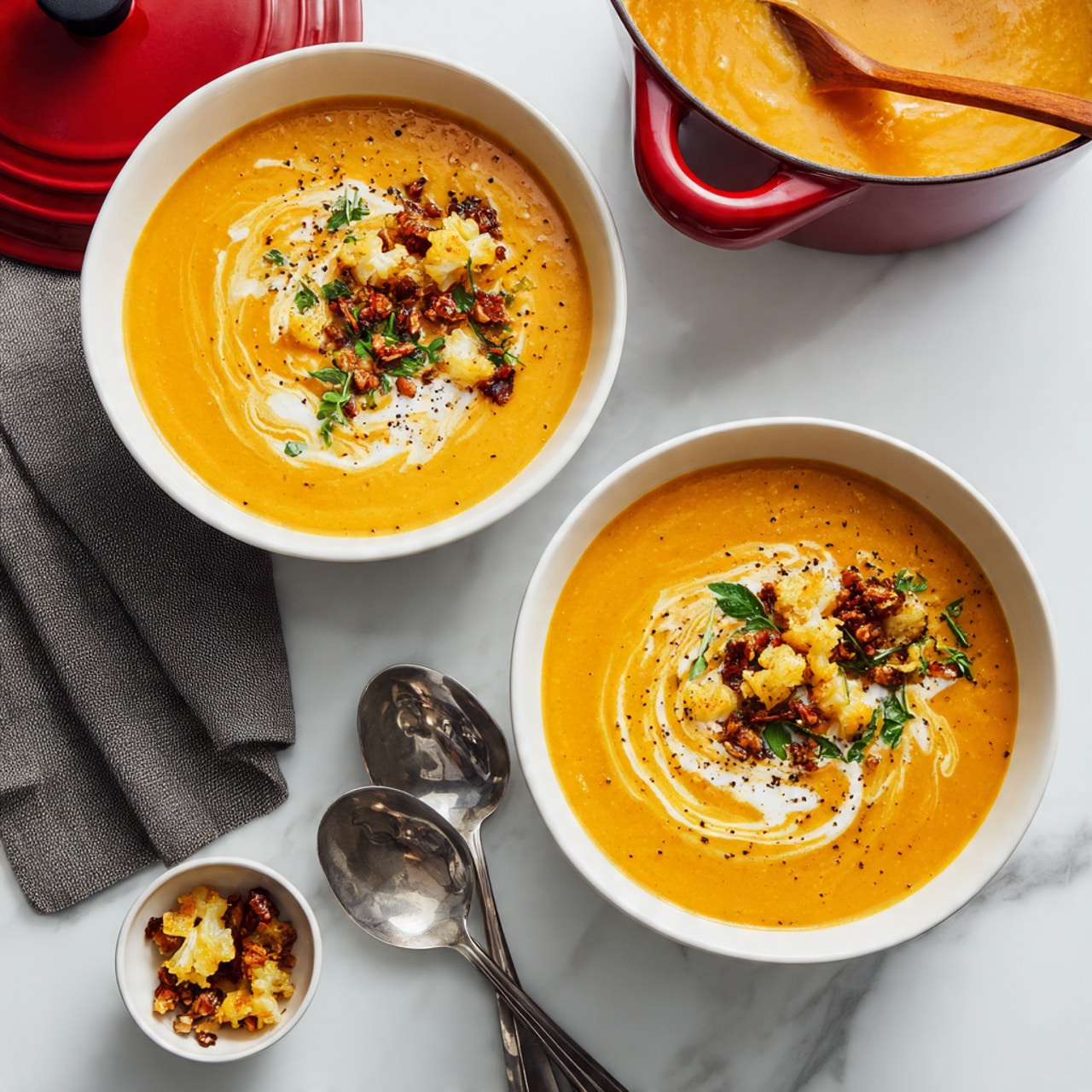 The image shows a white bowl full of creamy orange soup with a thick texture. The soup has several layers of chickpeas scattered on top, dark green leafy vegetables mixed inside, and pieces of soft, yellow potatoes spread throughout. There are also small brown chunks that look like cooked sun-dried tomatoes adding color contrast on the surface. The bowl is placed on a white marbled surface. Photo taken with an iphone --ar 4:5 --v 7