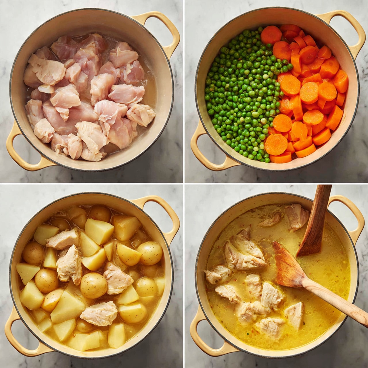 The image shows a cooking pot with four stages of a stew. The first section displays raw pieces of light pink chicken at the bottom of the pot. The second section shows the pot filled with light brown small round potatoes and green peas layered over the chicken. The third section captures the pot with orange slices of carrots and a yellowish broth starting to appear, and wooden spoon stirring the mix. Finally, the last section shows the stew fully cooked with light brown cooked chicken pieces on top, surrounded by the orange carrot slices, light brown potatoes, and a thick yellow broth. The entire scene is set on a white marbled surface. Photo taken with an iphone --ar 4:5 --v 7