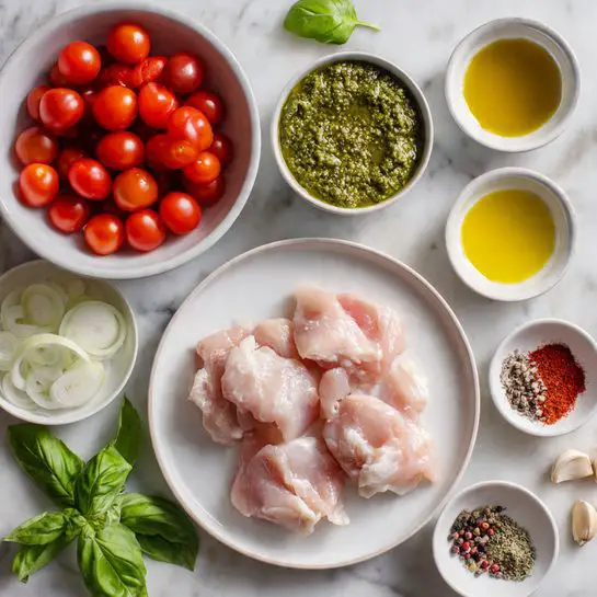 The image shows an overhead view of cooking ingredients neatly arranged on a white marbled surface. At the center is a white plate holding three pieces of raw, pale pink chicken. Above the plate, there is a white bowl filled with bright red cherry tomatoes. To the right of the chicken plate, there is a small white bowl containing green pesto sauce with a coarse texture and a tiny glass of yellow olive oil. Scattered around are small white bowls with various spices and seasonings including black pepper, red powdered spice, salt, and garlic cloves. Below the chicken plate, a white bowl with sliced white onions is visible. Fresh green basil leaves are placed around the ingredients, adding a pop of color. Photo taken with an iphone --ar 4:5 --v 7