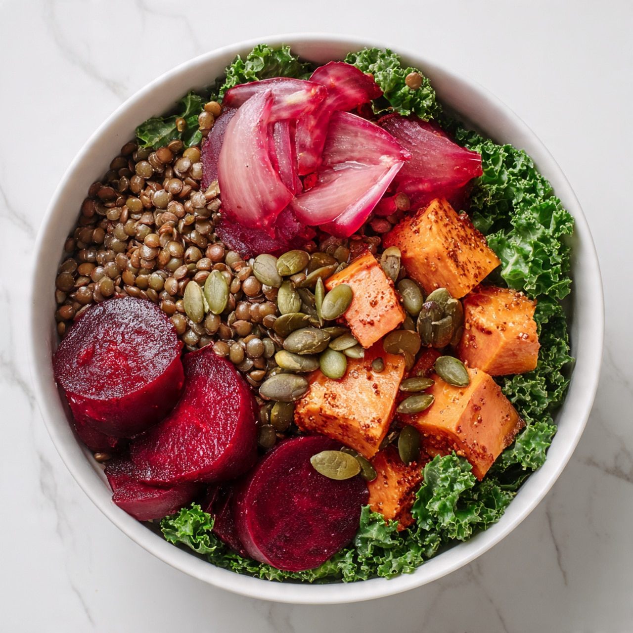 The image shows a white marbled surface with several clear glass bowls and a jar arranged neatly. The largest bowl at the top left is full of vibrant fresh green spinach leaves mixed with some reddish stems. To its right is a rectangular clear glass container holding sliced cooked chicken pieces that are light beige. In the center is a small jar filled with yellow mustard dressing with a spoon inside. Surrounding them are smaller round bowls containing light green sliced celery, creamy blue cheese crumbles, chopped red cherries, cooked brown grains, caramelized onions, sliced almonds, and dark dried cherries. Fresh green parsley sprigs lie at the bottom. Everything looks fresh and ready to mix. Photo taken with an iphone --ar 4:5 --v 7
