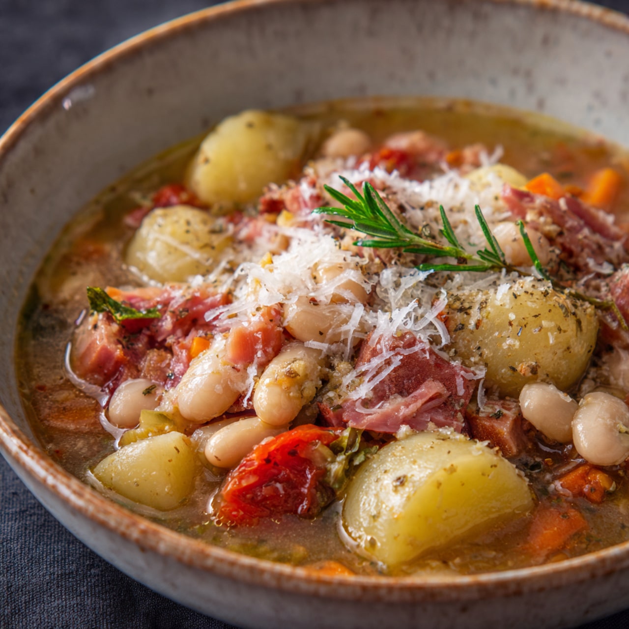 The image shows a ladle filled with a thick vegetable and bean soup held above a pot. The ladle contains a mix of white beans, diced orange carrots, green celery pieces, and small pinkish cubes of meat, all swimming in a golden broth with visible herbs and seasoning. The broth is slightly oily with a clear, glossy texture. The pot beneath reveals more of the same ingredients, with the soup filling the frame and some bubbles rising on the surface. The background is a white marbled texture. photo taken with an iphone --ar 4:5 --v 7