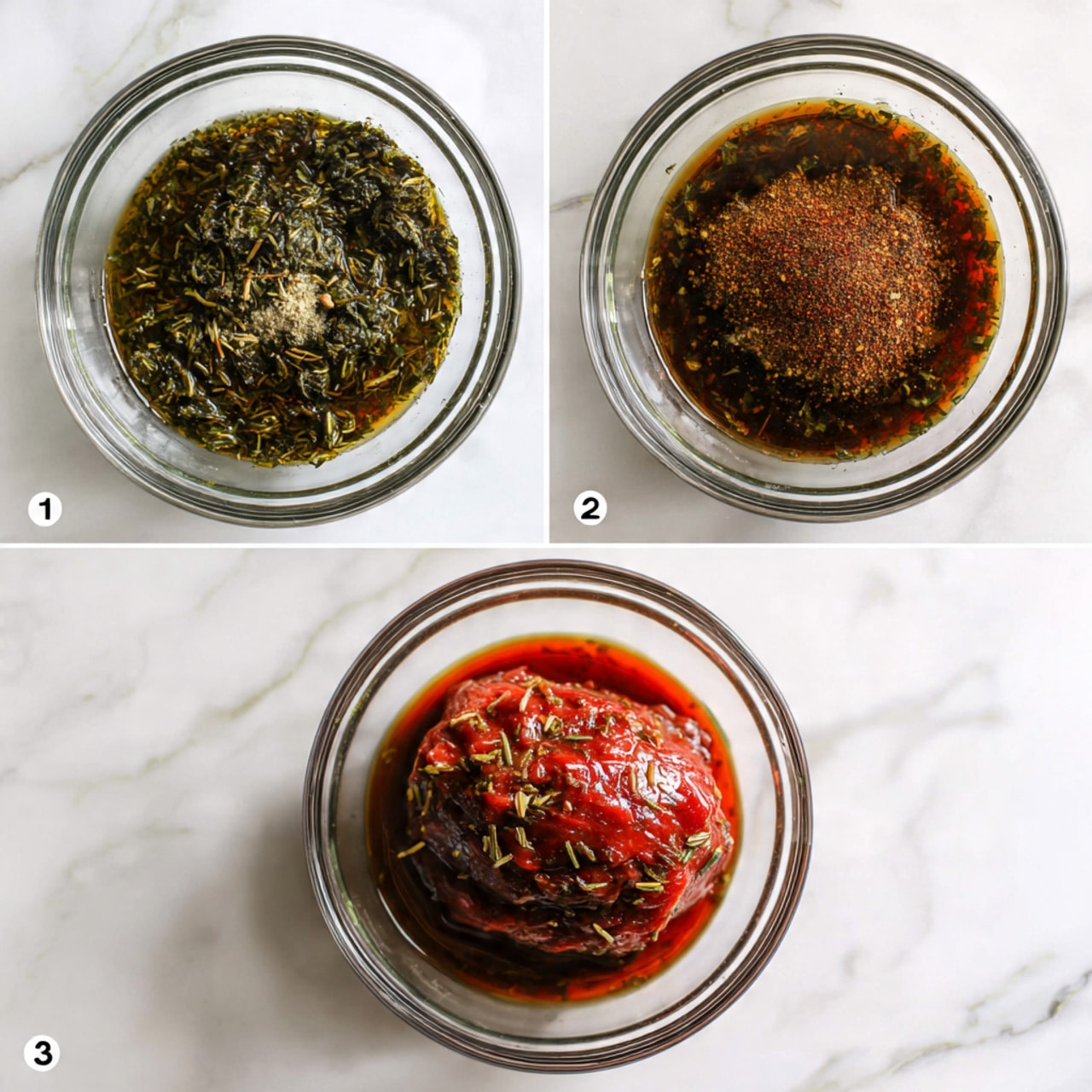 The image shows three round transparent glass bowls placed on a white marbled surface. The first bowl contains a dark green herb mixture with some light brown spices visible on top. The second bowl holds a similar dark green herb base but with two brown spice powders added, creating a textured look. The third bowl contains a raw large meat piece covered in a red marinade with visible spices, resting in the bowl with some liquid underneath. The bowls are numbered 1, 2, and 3 in the bottom left corner of each image. Photo taken with an iphone --ar 4:5 --v 7