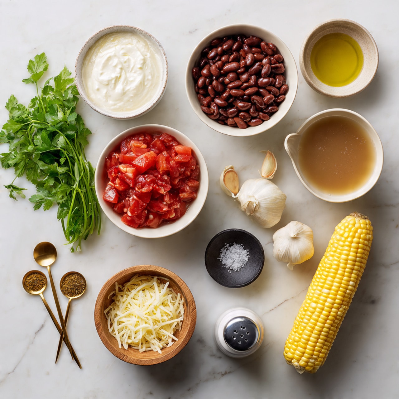 The image shows a collection of ingredients arranged on a white marbled surface. There are several white bowls filled with food: one bowl contains dark brown beans, another has chunky red tomatoes, a third holds a light brown broth, and one smaller bowl contains white sour cream. There is also a small wooden bowl filled with shredded cheese. On the surface, there are two small golden spoons with green and brown spices, a small black bowl with coarse salt, three cloves of garlic, two small yellow onions, a bright yellow corn cob, fresh green coriander leaves, a small light tan bowl with olive oil, and a silver pepper shaker. All items are neatly spread out with a clean and bright look. Photo taken with an iphone --ar 4:5 --v 7