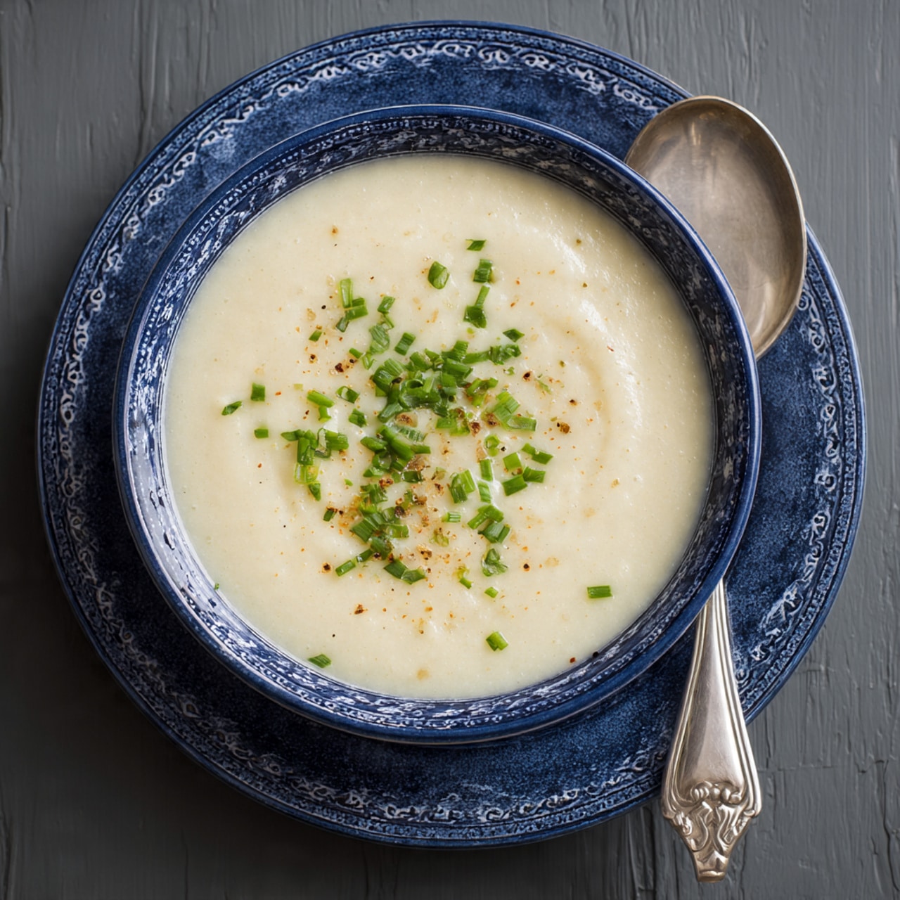 A white bowl on a white marbled surface holds a smooth orange soup with a creamy swirl on top that follows a loose spiral pattern. Green cilantro leaves are scattered evenly over the soup, adding spots of bright green color. A silver spoon rests inside the bowl on the left side. Near the bowl, a lime wedge, fresh herbs, and a small bowl with brown crumbs are partially visible, suggesting fresh and natural ingredients. Photo taken with an iphone --ar 4:5 --v 7
