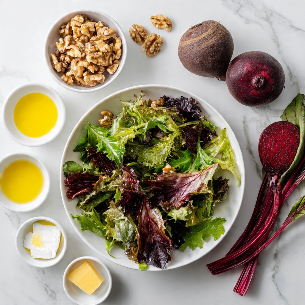 The image shows a top view of ingredients on a white marbled surface. In the center, there is a white plate filled with mixed leafy greens of green and deep red colors, some jagged and some smooth leaves layered thickly. To the right, there are three whole dark purple beets with red stems lying side by side. Above, a small white bowl holds a pile of walnut halves with a textured, rough surface. Below the walnuts, there are five small white dishes, each with different ingredients: golden oil, a white block of cheese, a golden liquid, a small light yellow chunk, and a clear liquid, all placed neatly around the plate. The entire setting is bright and clean with natural colors. Photo taken with an iphone --ar 4:5 --v 7