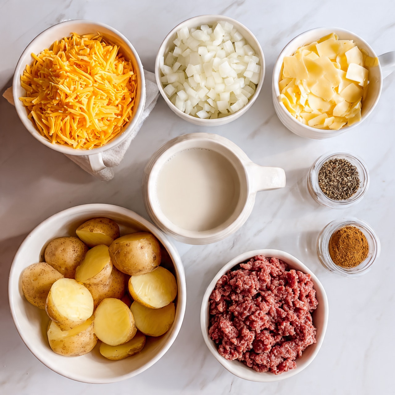 The image shows a white bowl filled with bright orange shredded cheese placed in the top left, next to a white bowl with chopped white onions and a white bowl with yellow creamy mixture on the right. Below, there is a white bowl filled with round, light yellow potato slices on the left, a white cup of milk in the center, and a white bowl filled with raw, red ground meat on the right. Two small containers with brown spices are positioned near the top right corner. The whole setup is on a white marbled surface, viewed from above. Photo taken with an iphone --ar 4:5 --v 7