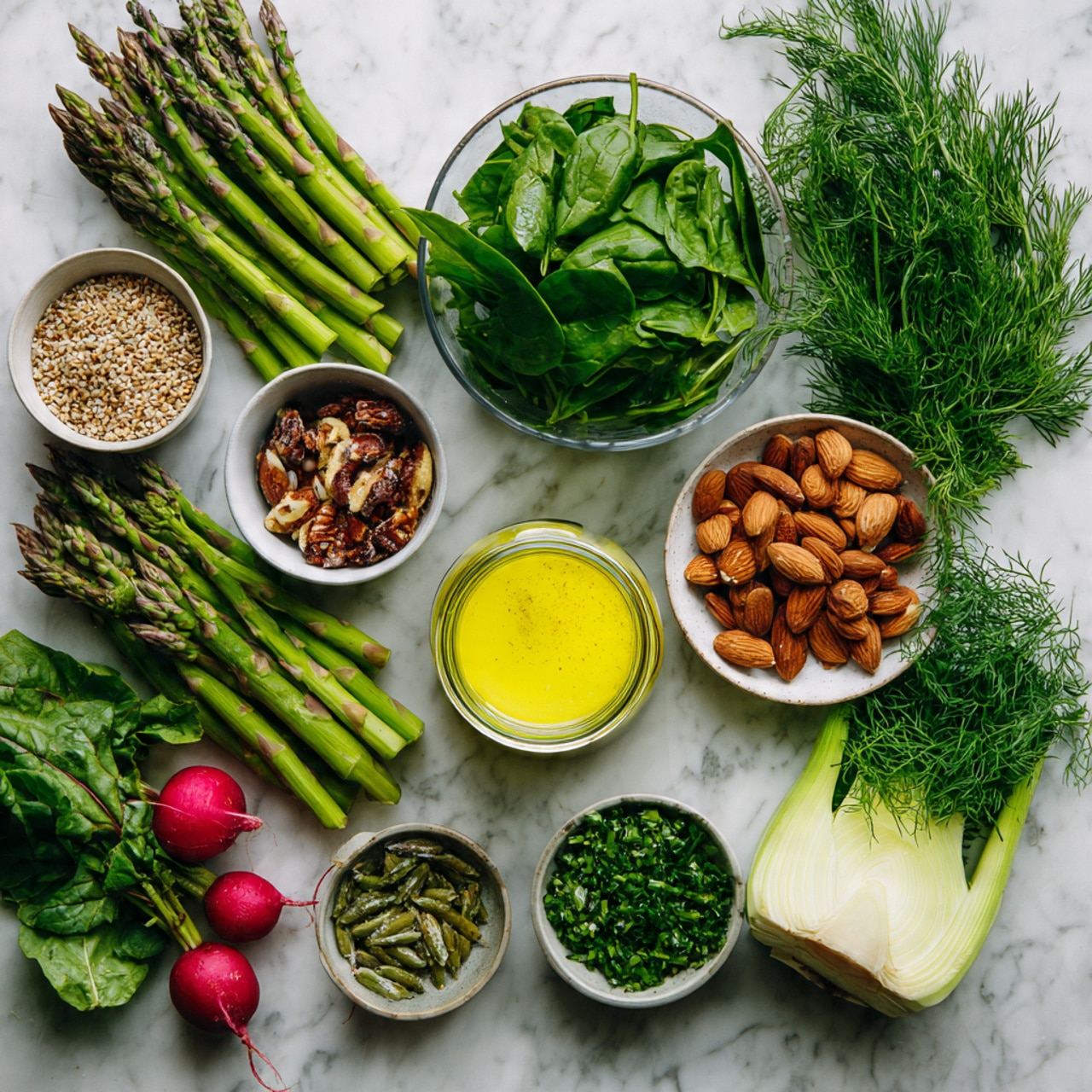 The image shows a white marbled surface with various fresh ingredients arranged neatly. At the center is a small glass jar filled with yellow dressing. Around it are bowls of whole grains, neat bunches of bright green asparagus spears, a bowl of fresh green spinach, a bunch of red radishes with green tops, handfuls of almonds, and fresh green herbs like dill and parsley. There is also a whole fennel bulb with green fronds, and small piles of other green leafy herbs. The colors are mostly green with touches of red and brown, arranged in simple bowls and loose piles for a fresh and natural look. photo taken with an iphone --ar 4:5 --v 7