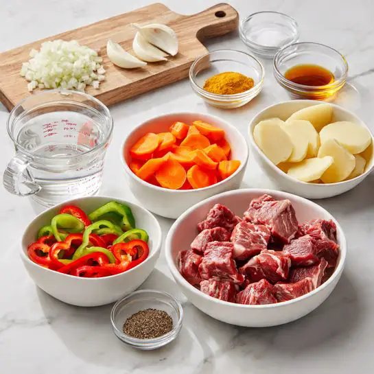 The image shows several ingredients neatly arranged on a white marbled surface. There is a white bowl filled with thick, reddish raw meat chunks with white fat spots in the front right. To the left, a white bowl holds bright orange carrot pieces with wavy edges. Behind it, a white bowl contains pale yellow peeled potato slices. A small white bowl in the front left holds sliced red and green bell peppers. Near the center, a clear measuring cup is filled with water. At the top left, a small wooden cutting board displays finely chopped white onion and minced garlic. Several small glass bowls contain seasonings and liquids: one has a yellow powder, another has a dark amber liquid, and two others hold white salt and black pepper. Photo taken with an iphone --ar 4:5 --v 7