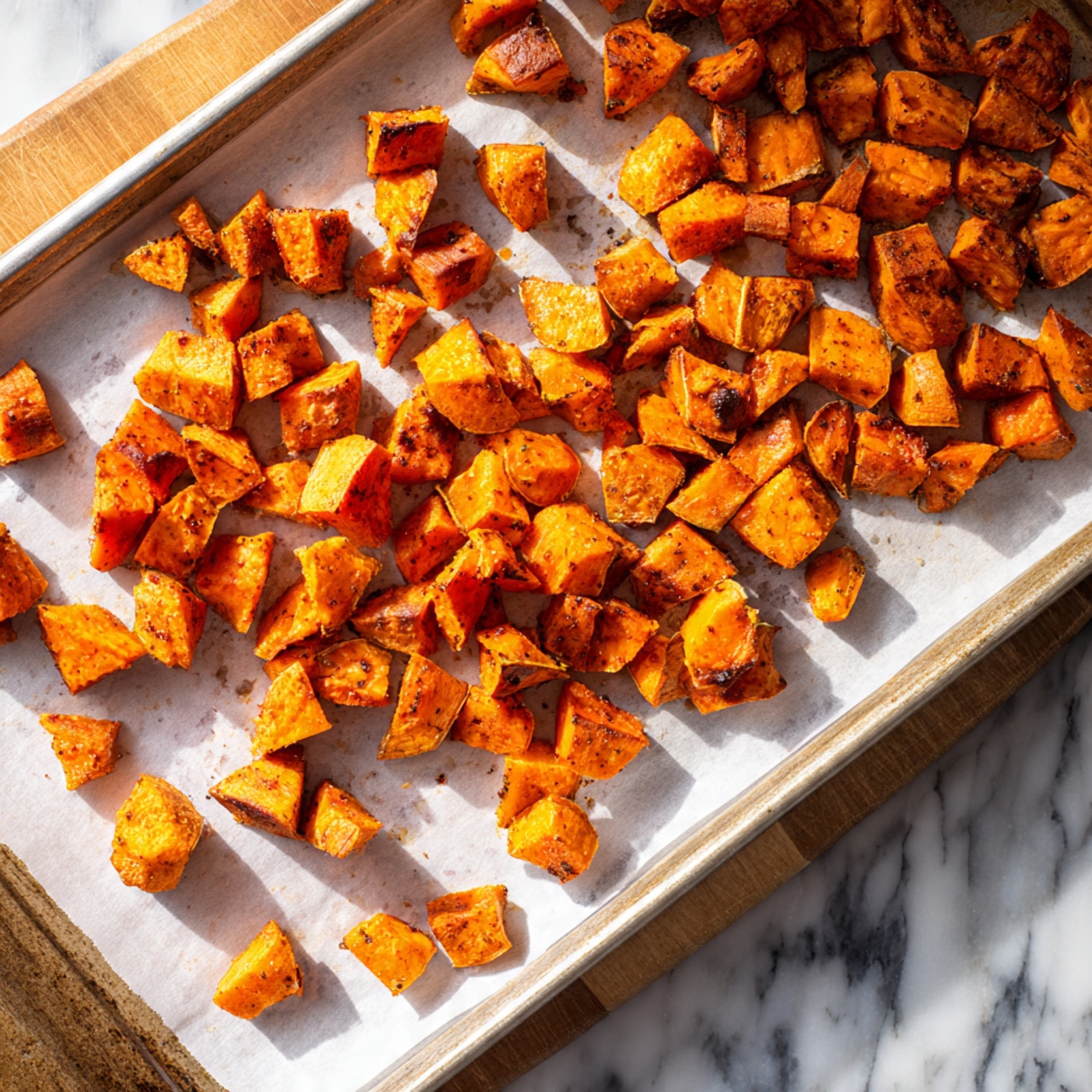 A baking tray with a white marbled surface holds many small, uneven pieces of roasted sweet potato, spread out on white parchment paper on the tray. The sweet potato pieces are golden orange with a slightly crispy, rough texture, some showing brown spots from roasting. The tray itself is metal and slightly worn, with a silver edge visible at the front. The whole scene has warm lighting that highlights the crispiness of the roasted sweet potatoes. Photo taken with an iphone --ar 4:5 --v 7