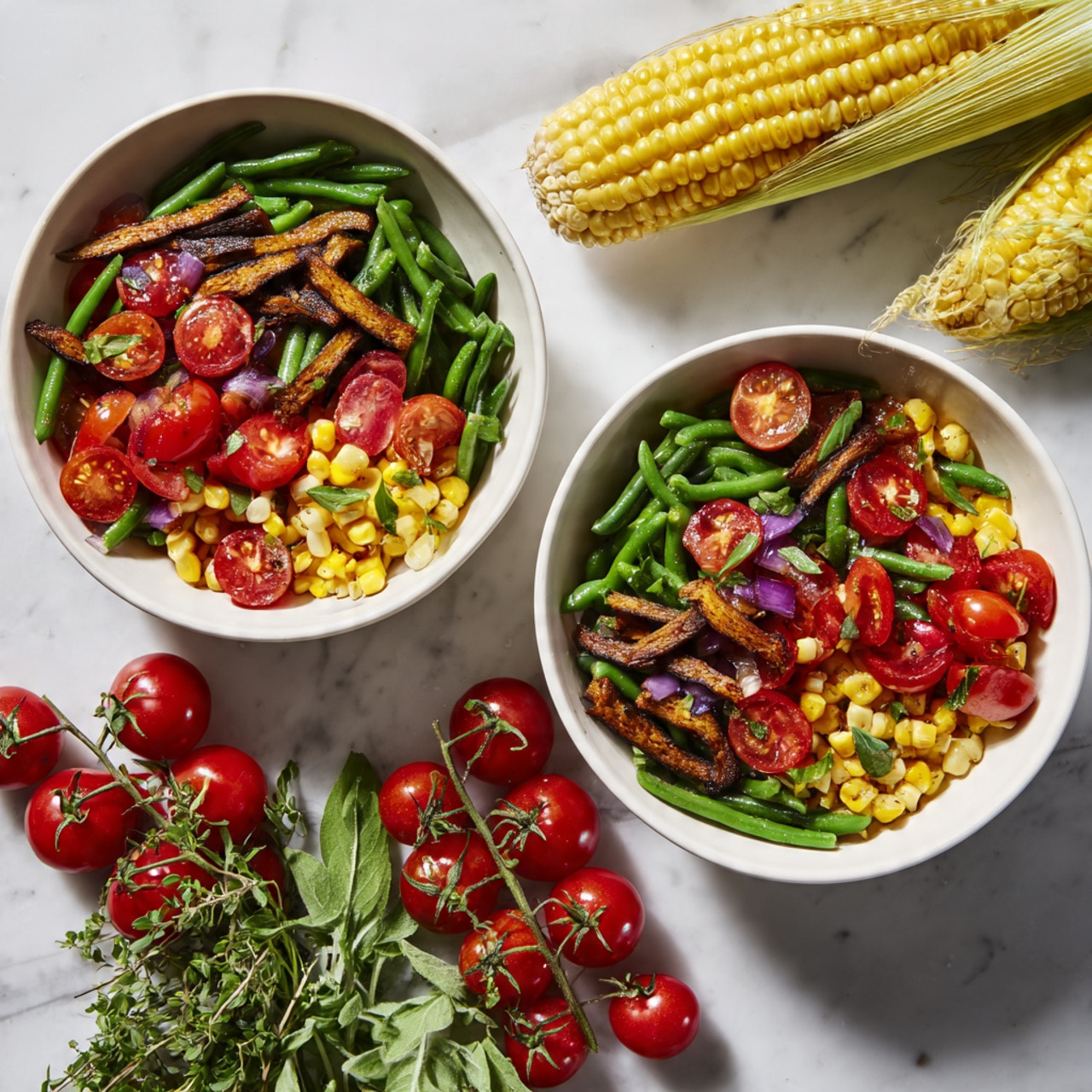 Two white bowls sit on a white marbled surface, each filled with a colorful salad. The salad has three main layers: bright green whole beans form the base, followed by golden yellow corn kernels scattered throughout. On top, there are halved bright red cherry tomatoes and small pieces of dark brown cooked strips, likely tempeh. Around the bowls, fresh ingredients like a yellow ear of corn, a bunch of cherry tomatoes on the vine, and green herbs are placed as decoration. photo taken with an iphone --ar 4:5 --v 7
