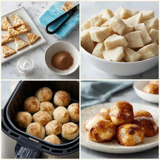 The first image shows a close-up of a white marbled surface with a blue and white package of Pillsbury Grand Flaky Layers biscuits, a container of ground cinnamon lying on its side, and a measuring cup filled with sugar next to them. In the second image, there is a white bowl filled with small biscuit dough pieces cut into triangles, with a pair of black scissors resting on the rim of the bowl. The third image shows the same white bowl now filled with small cooked dough balls that are light golden brown on the outside. The fourth image displays these dough balls placed inside the basket of an air fryer, showing a light golden color and a clustered arrangement. The fifth image shows the basket inside the air fryer, filled with dough balls that look coated in a cinnamon sugar mixture, appearing shiny and golden brown. The sixth image presents a white plate holding a small serving of these cinnamon sugar-coated dough balls, which are golden brown with a slightly darker, caramelized crust, arranged in a small pile. The photo was taken with an iphone --ar 4:5 --v 7