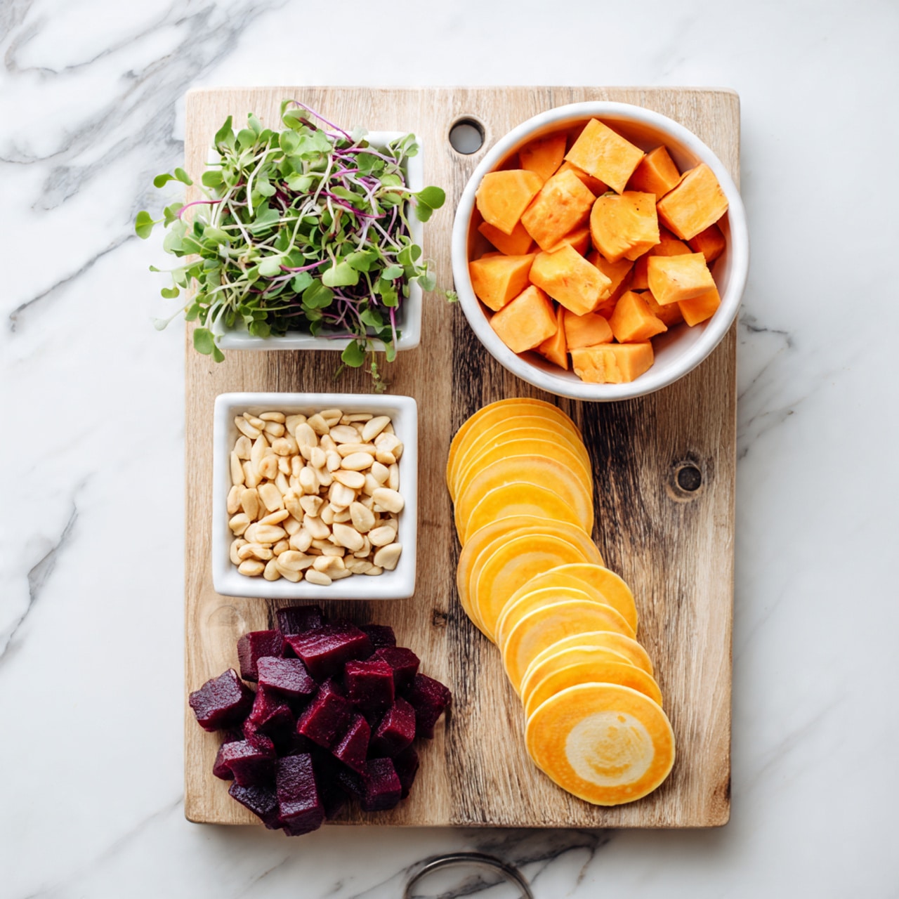 The image shows a wooden cutting board on a white marbled surface. On the board, there are three distinct sections: one with a stack of thinly sliced, bright orange orange rounds arranged in a small pile on the right side; a small white bowl filled with creamy beige pine nuts placed in the lower left corner; and another small white bowl containing deep purple-red beet pieces in the middle left. Surrounding the cutting board are two small square containers filled with fresh green microgreens, one on each side. In the background, there is a large white bowl filled with medium-sized diced bright orange sweet potatoes. Photo taken with an iphone --ar 4:5 --v 7
