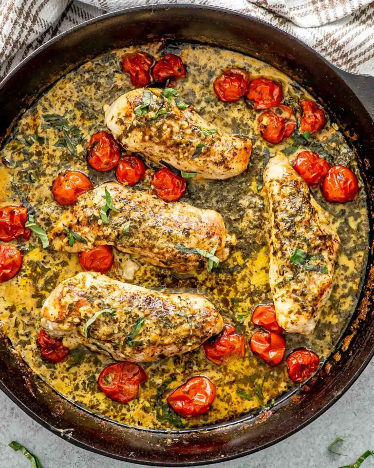 Creamy Pesto Chicken with Roasted Tomatoes Recipe