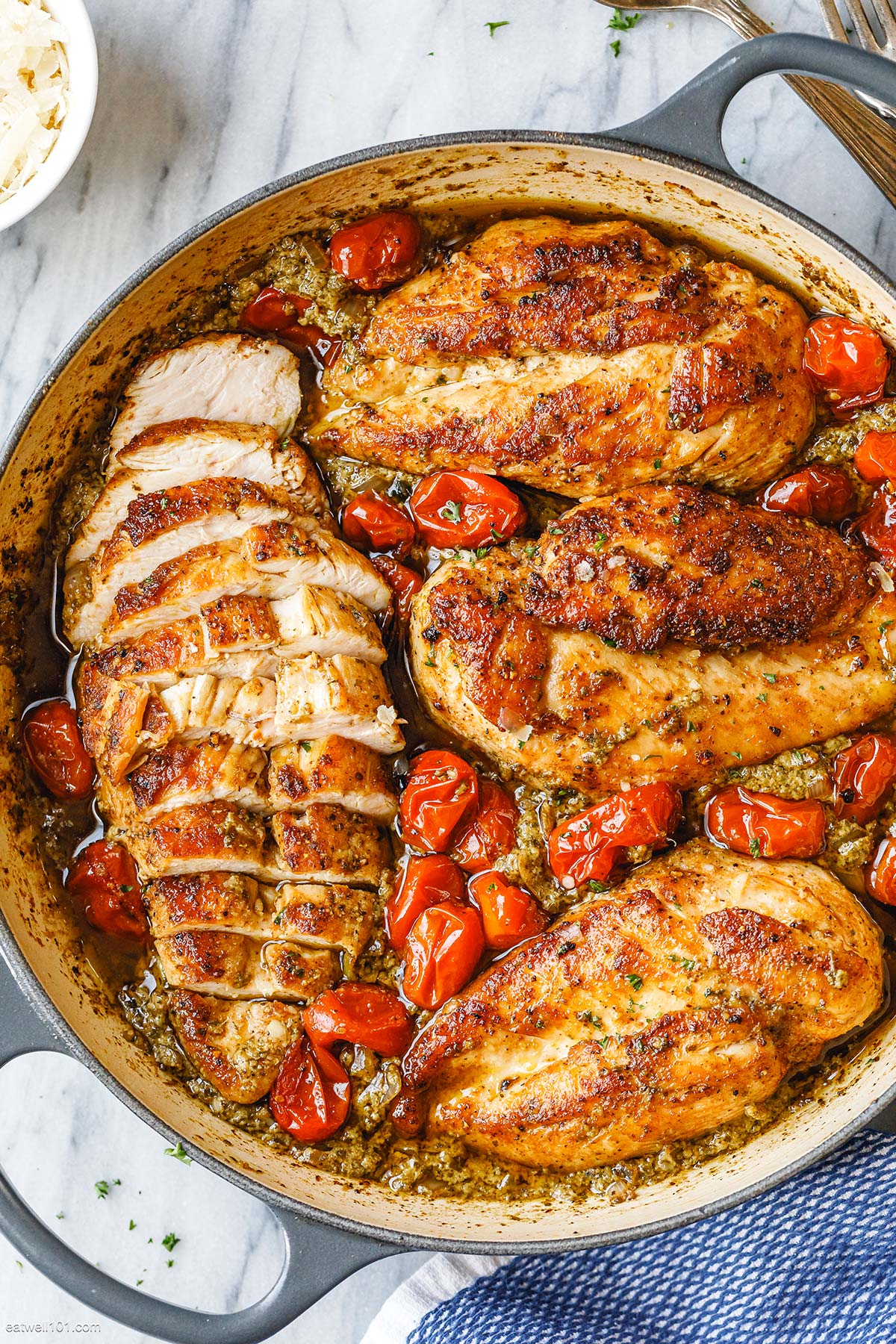 Creamy Pesto Chicken with Roasted Tomatoes Recipe - Recipe Image