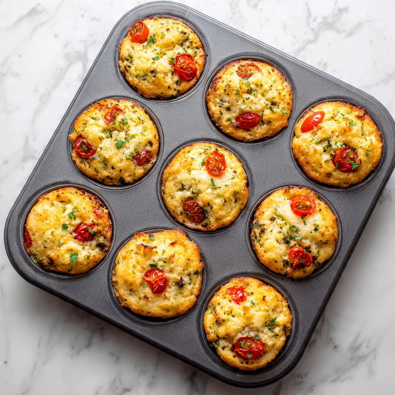 There are twelve golden-brown muffins in a dark gray metal muffin tray placed on a white marbled surface. Each muffin is round, slightly risen with a soft texture, and has small green herb bits inside. Small, bright red cherry tomato halves are embedded on top of each muffin, adding a pop of color. The muffins fill each slot of the tray almost fully, with some tomatoes slightly spilling over the edges. photo taken with an iphone --ar 4:5 --v 7