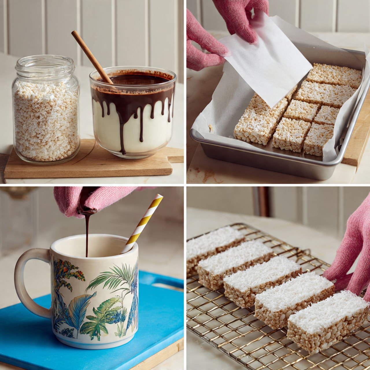 The collage shows six steps of making a snack with rice cereal bars and straws on a white marbled surface. The first image has a clear glass bowl with a mixture of rice cereal and marshmallow, stirred with a brown wooden spoon, next to a glass container filled with more rice cereal. The second image shows a woman’s hand lifting white parchment paper from a rectangular baking pan lined with a pressed mixture of rice cereal. The third image shows a woman’s hand cutting the baked rice cereal block into rectangles on a blue cutting board. The fourth image shows a pink-gloved woman’s hand pushing a straw with gold and white stripes through one of the rice cereal rectangles, standing it upright. The fifth image shows the same snack stick being dipped in white melted chocolate in a white mug decorated with green botanical prints, with the chocolate dripping down. The last image shows the pink-gloved hand pouring white chocolate over the snack bars on a cooling rack lined with parchment paper, with several sticks placed in a row. Photo taken with an iphone --ar 4:5 --v 7