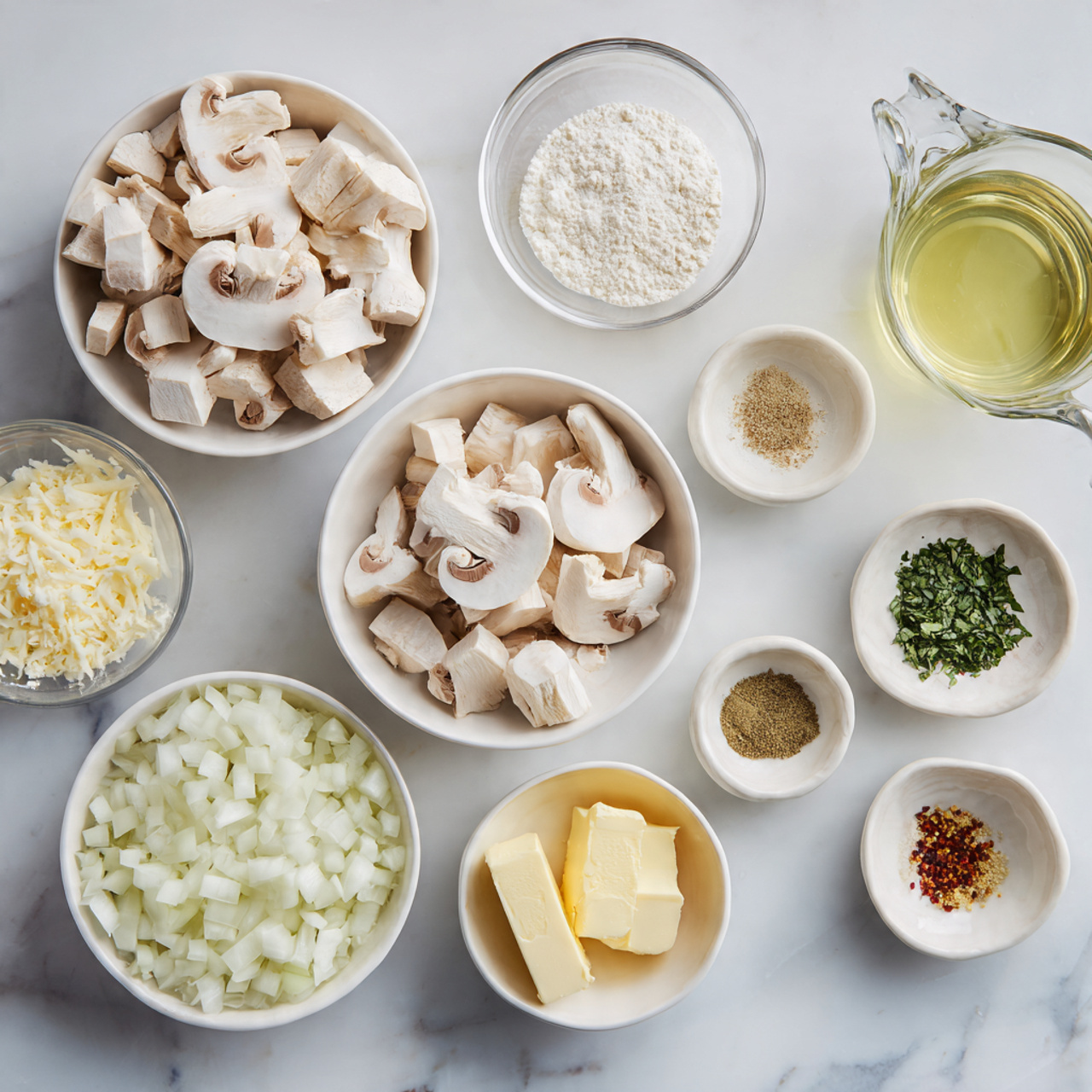 The image shows a white marbled surface with several small white bowls and a clear glass jug arranged neatly. One bowl contains raw diced chicken pieces, another is filled with sliced white mushrooms. There is a bowl of chopped white onions and a small bowl with chopped green herbs. A clear glass jug holds a light green broth. Other white bowls hold white flour, a small pile of light yellow butter, various spices, and a small amount of clear oil. Everything is spread out evenly in a clean and organized way. photo taken with an iphone --ar 4:5 --v 7