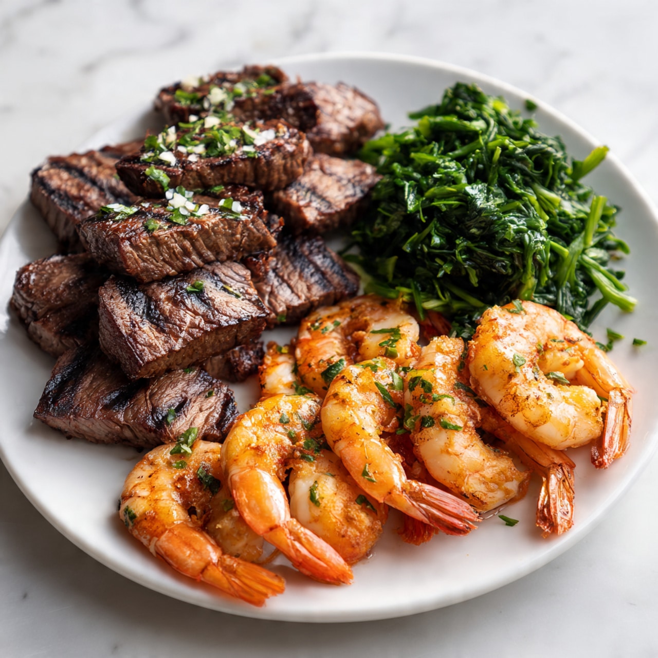 The image shows a white plate filled with three types of grilled food arranged in sections. At the top left, there are dark brown grilled beef cubes with visible grill marks, stacked in two layers and garnished with small bits of green herbs. To the right of the beef, there is a small pile of bright green leafy vegetables. Below the beef and vegetables, the plate has two rows of orange grilled shrimp with a light shine and tiny green herb sprinkles over them. The background is a white marbled surface. photo taken with an iphone --ar 4:5 --v 7