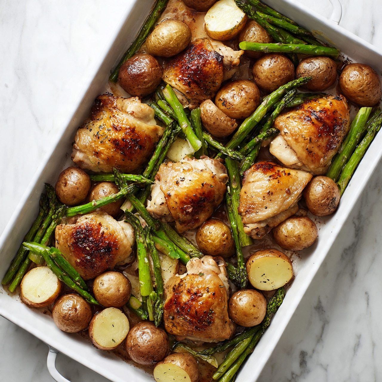 A white baking tray filled with cooked chicken thighs in the bottom half, showing a golden-brown, slight shiny skin texture. Above the chicken, there are several brown, round potatoes with a soft texture, mixed with green cooked asparagus stalks, all evenly spread across the tray. The background is a white marbled surface. photo taken with an iphone --ar 4:5 --v 7
