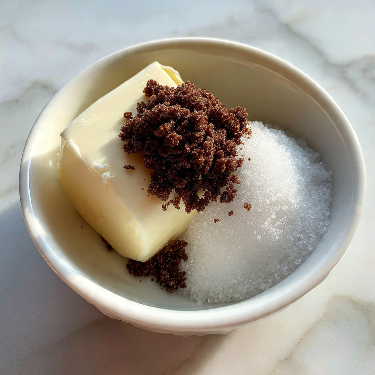 A white bowl sits on a white marbled surface containing three distinct layers: a soft pale yellow layer of butter, a dark brown crumbly layer of brown sugar, and a small mound of white granulated sugar, all placed close together without mixing. Photo taken with an iphone --ar 4:5 --v 7