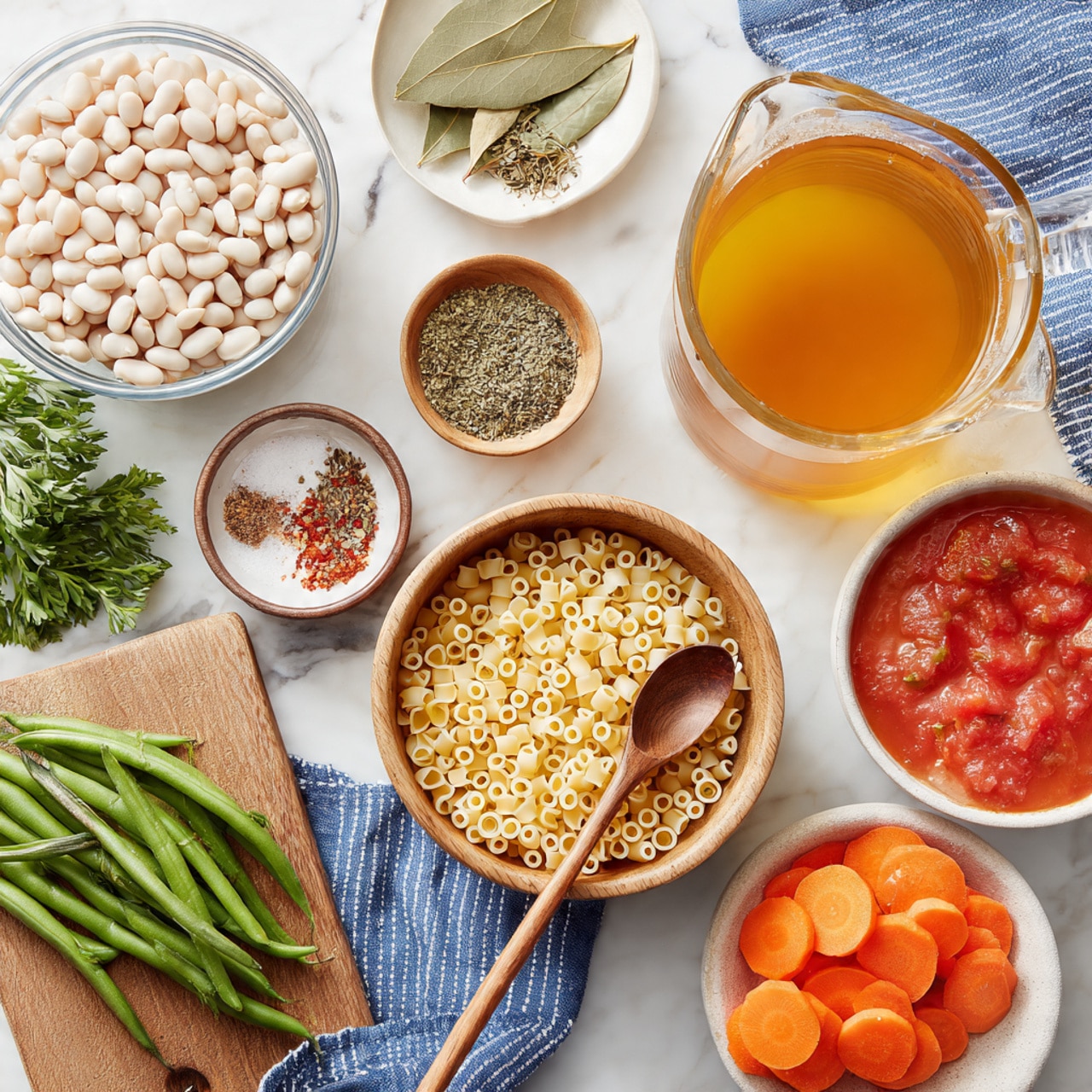 A top view of an arrangement of fresh and dry ingredients on a white marbled surface, featuring a clear glass bowl with white beans at the top center; next to it on the right is a clear glass pitcher of golden broth, and below that, a white bowl with bright orange sliced carrots. In the center is a light wooden bowl filled with small, uncooked pasta with a wooden spoon resting inside. To the bottom right, a white bowl holds chunky red tomatoes in juice, partially covered by a blue and white striped cloth. On the bottom left, a cluster of fresh, whole green beans sits beside a whole yellow onion and three garlic cloves on a wooden cutting board. Above the beans and onion, there are two dried bay leaves, a small white dish with mixed dried herbs, a small brown bowl with red pepper flakes, and another small white dish with caraway seeds. A bunch of fresh green parsley lies to the far left, next to a small brown dish with coarse salt. photo taken with an iphone --ar 4:5 --v 7